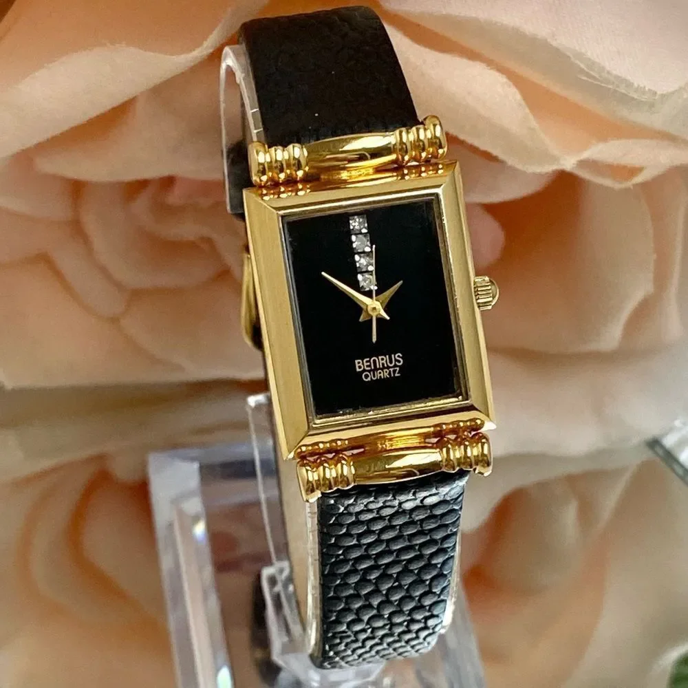Vintage Benrus Diamond Accented Dial Dress Watch with Leather Strap